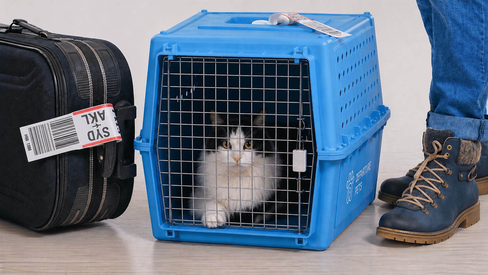 A cat in a Departure Pets Travel Crate waiting to Check-In for Domestic Pet Travel within Australia