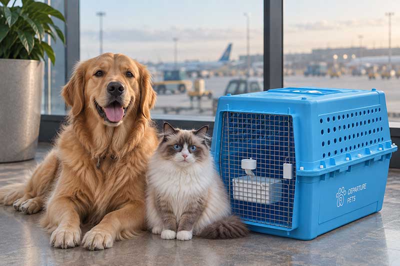Golden retriever dog and Ragdoll cat sitting beside a blue Departure Pets travel crate at the airport, with an aircraft visible on the tarmac through the window behind them.