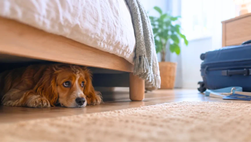 A dog hiding under the bed with pet anxiety due to pet travel