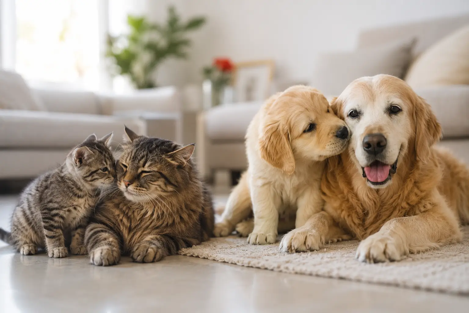 Golden retriever puppy and adult dog resting beside a cat and a kitten on a rug at home, illustrating pets preparing for air travel with Departure Pets