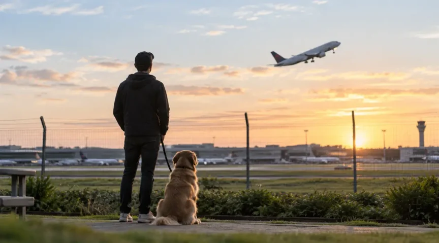 A man and a dog stood outside the airport watching a plane leave after missing their flight